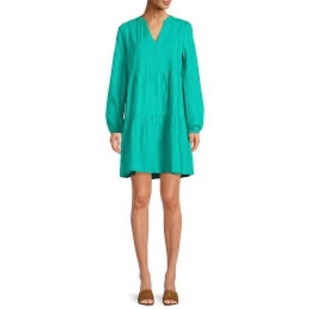 Scoop Tiered Long Sleeve V Neck Dress Teal Green Size Medium
